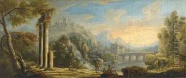 An Italianate River Landscape With Ruins And Herdsmen On Apath Oil Painting by Caspar Andriaans Van Wittel