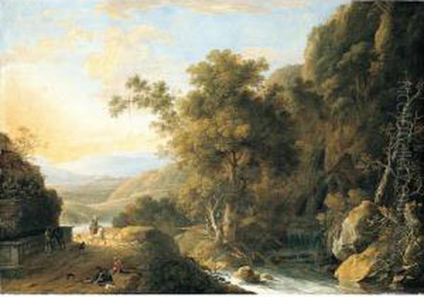 Southern Landscape With Travellers And Animals Beside A Fountain Near A Waterfall Oil Painting by Caspar Andriaans Van Wittel