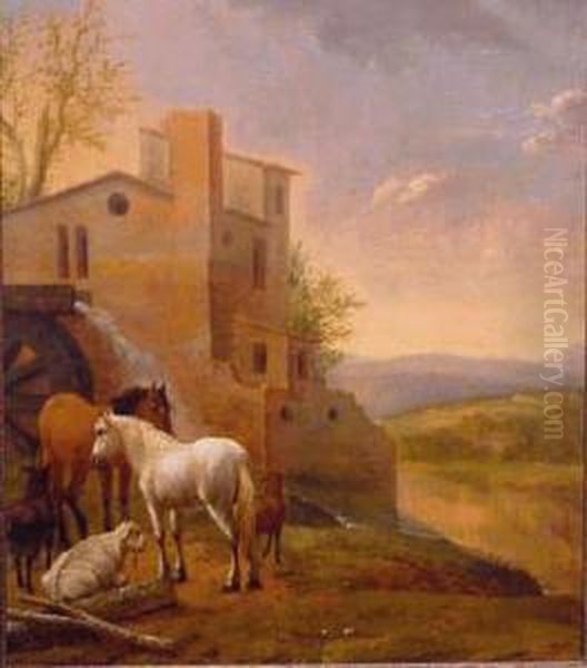 Two Horses And Three Goats By A Waterspout In An Arcadian Landscape Oil Painting by Caspar Andriaans Van Wittel