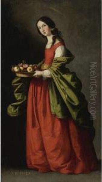 Saint Dorothy, Full-length, Holding A Basket Of Apples Androses Oil Painting by Francisco De Zurbaran