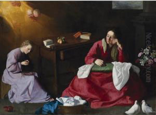 Christ And The Virgin In The House Of Nazareth Oil Painting by Francisco De Zurbaran