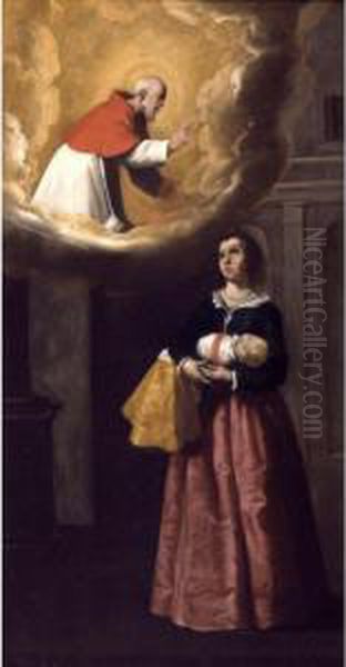 A Young Mother Invoking The Blessing Of Saint Raymond Nonnatus For Her Newborn Child Oil Painting by Francisco De Zurbaran