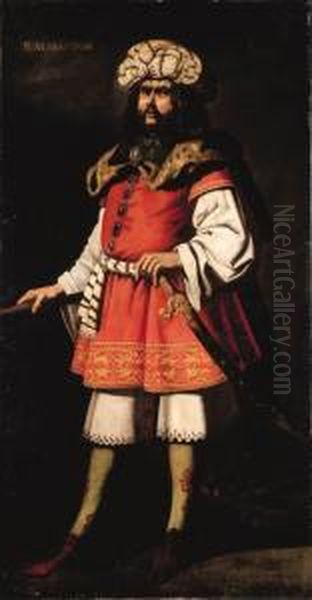 Portrait Of King Almanzor, 
Full-length, In A Red Tunic And Fur Cape, A Sword In His Left Hand Oil Painting by Francisco De Zurbaran