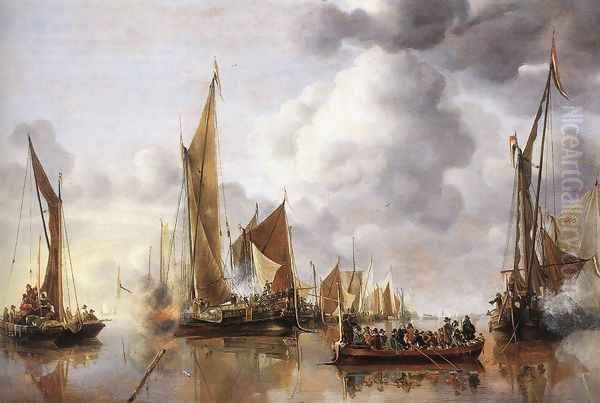 The State Barge Saluted by the Home Fleet 1650 Oil Painting by Jan Van De Capelle