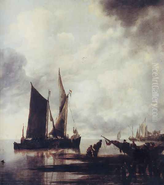 Boats in Shallow Water Oil Painting by Jan Van De Capelle