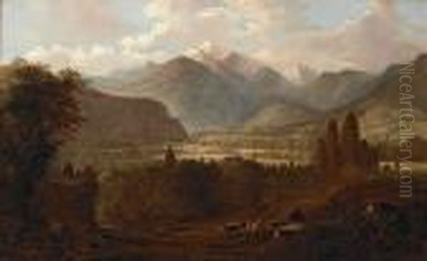 A Valley Landscape With Cattle And Snow-capped Mountains Beyond Oil Painting by Edwin, Edward Deakin