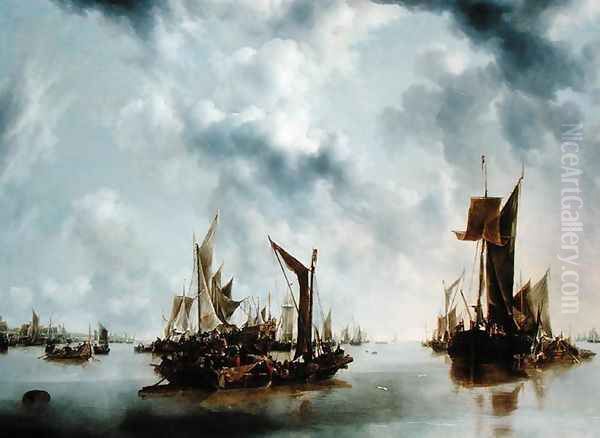 A Calm, 1654 Oil Painting by Jan Van De Capelle