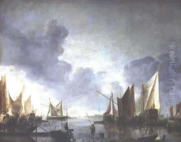 A calm, with a dignitary heralded in a state barge and fishermen in the foreground Oil Painting by Jan Van De Capelle