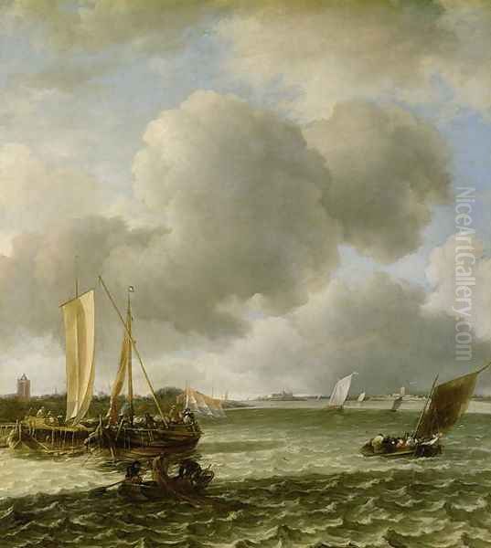 Boats on Ruffled Water Oil Painting by Jan Van De Capelle