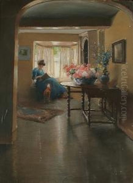 A Lady Reading On A Window Seat Oil Painting by Frank Dean