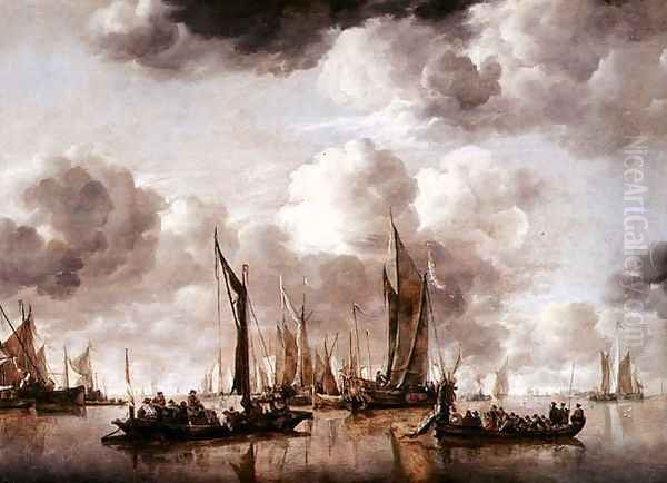 A Dutch Yacht Firing a Salute as a Barge Pulls Away, 1650 Oil Painting by Jan Van De Capelle