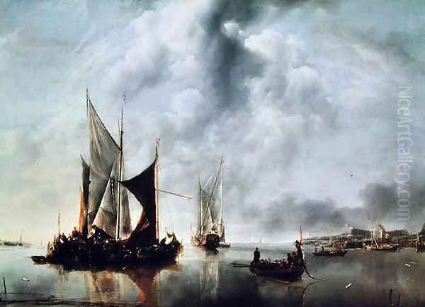 Calm or, Boats near the Coast, after 1651 Oil Painting by Jan Van De Capelle