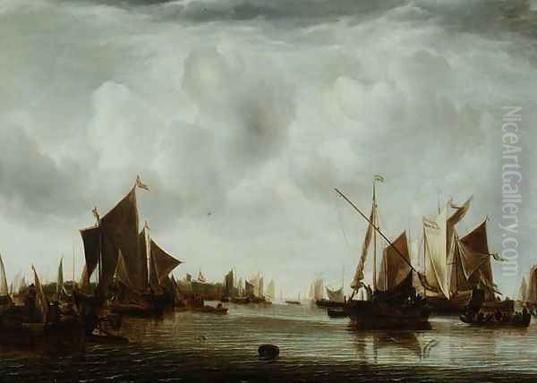 Ships at Anchor in a Calm Oil Painting by Jan Van De Capelle