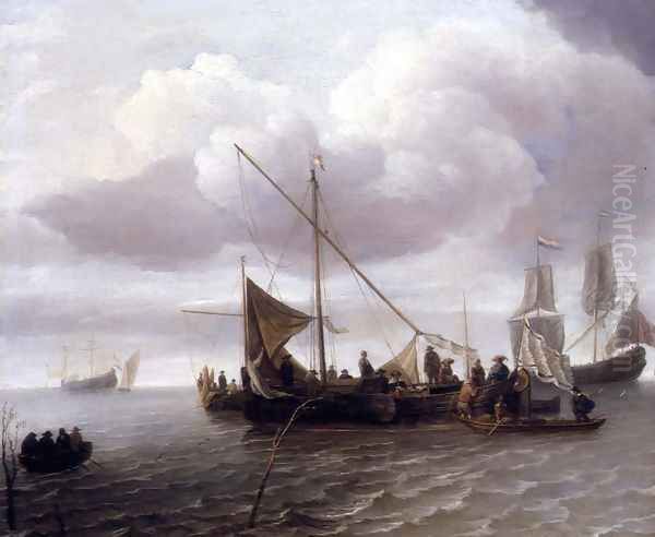 Barges Unloading Inshore Oil Painting by Jan Van De Capelle