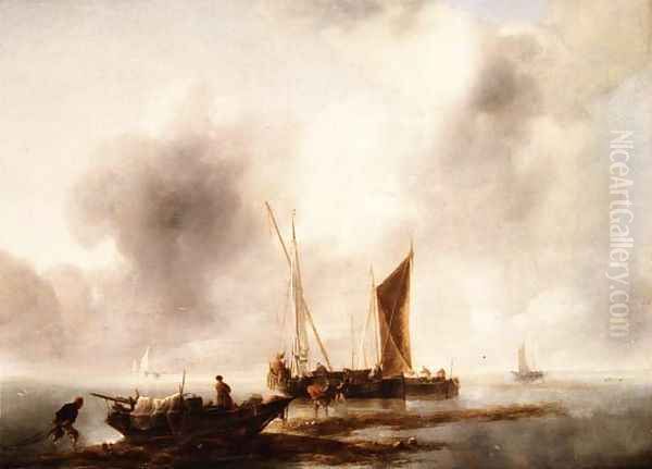 Fisherman unloading their catch in a calm Oil Painting by Jan Van De Capelle