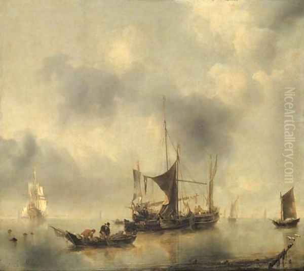 A kaag and a smak in a calm, with fishermen pulling in their catch from a rowing-boat in the foreground, a Dutch frigate and other boats beyond Oil Painting by Jan Van De Capelle