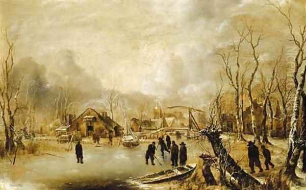 A winter landscape with skaters and kolf players on a frozen waterway by a village Oil Painting by Jan Van De Capelle