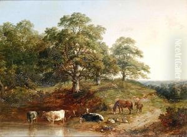 A Hillside Landscape With Horses And Cattle Watering Oil Painting by John Dearman Birchall