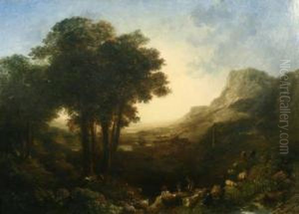 Shepherds At Rest In An Extensive Landscape Oil Painting by John Dearman Birchall