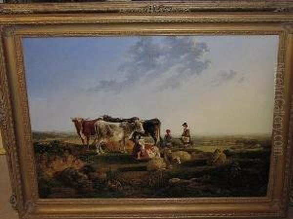 Two Labourers Tending Cattle And Sheep In An Extensive Landscape, Signed And Dated 1831 Oil Painting by John Dearman Birchall