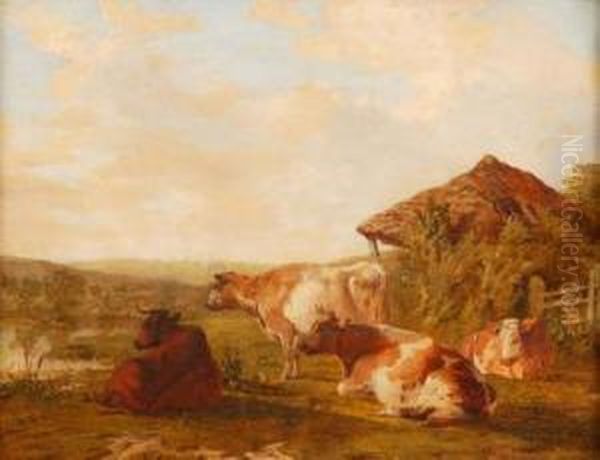 Cattle By A River With Barn Beyond Oil Painting by John Dearman Birchall