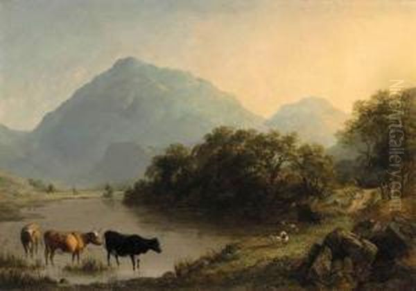 View Near Beddgelert, North Wales, With Cattle Watering In Theforeground Oil Painting by John Dearman Birchall