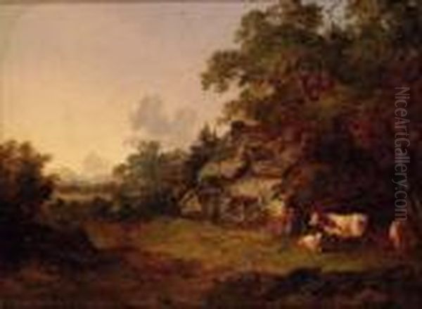 Figures Before A Cottage In A Wooded Landscape Oil Painting by John Dearman Birchall