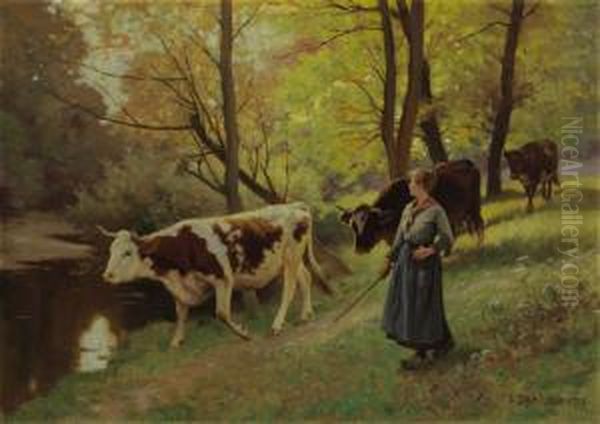 Leading The Herd To Drink Oil Painting by Edouard Bernard Debat-Ponsan