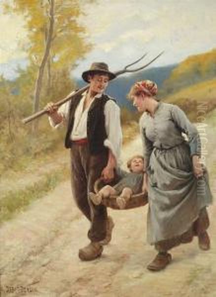 Edouard-bernard . A Peasant Family On The Tramp. Oil/canvas/canvas, Signed Oil Painting by Edouard Bernard Debat-Ponsan