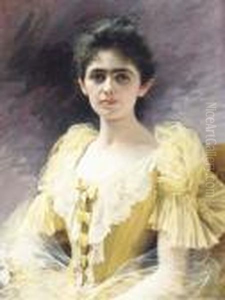 An Elegant Lady In A Yellow Dress Oil Painting by Edouard Bernard Debat-Ponsan