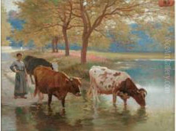  Gardeuse De Vaches Et Son Troupeau A L'abreuvoir  Oil Painting by Edouard Bernard Debat-Ponsan