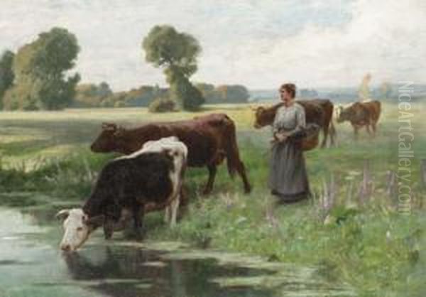 Leading The Herd To Drink Oil Painting by Edouard Bernard Debat-Ponsan