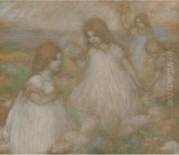 Young Flower Girls Oil Painting by Charles Ernest Debelle