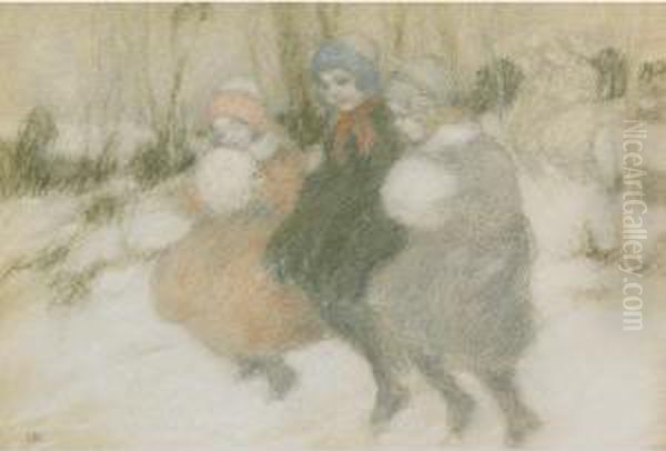 Children In The Snow Oil Painting by Charles Ernest Debelle