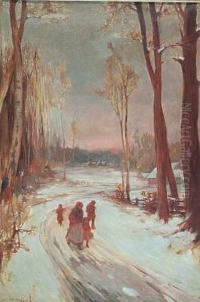 Returning Home On A Snow Covered Path Oil Painting by Charles Ernest Debelle