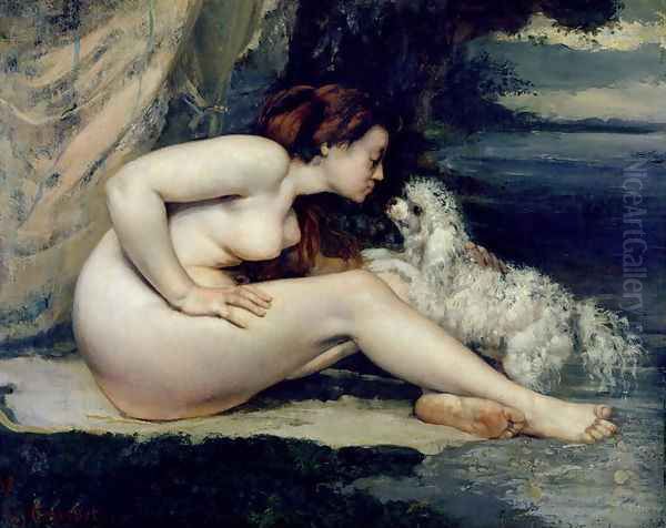 Female Nude with a Dog (Portrait of Leotine Renaude) 1861-62 Oil Painting by Jean-Baptiste-Camille Corot