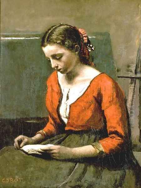 A Girl Reading Oil Painting by Jean-Baptiste-Camille Corot