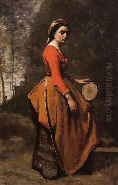 Gypsy with a Basque Tamborine Oil Painting by Jean-Baptiste-Camille Corot