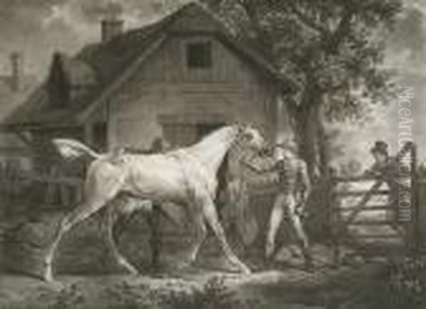 After Carle Vernet, Cheval Qu````on Bouchonne Au Retour D````une Course Oil Painting by Philibert-Louis Debucourt