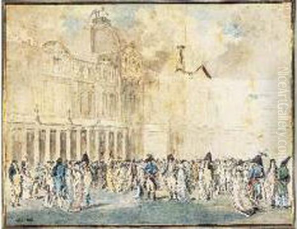 Assemblee D'hommes Et De Femmes Dans La Cour Du Palais Royal A
 Paris Oil Painting by Philibert-Louis Debucourt