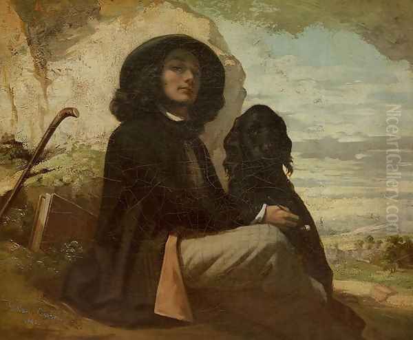 Courbet with his Black Dog, 1842 Oil Painting by Jean-Baptiste-Camille Corot