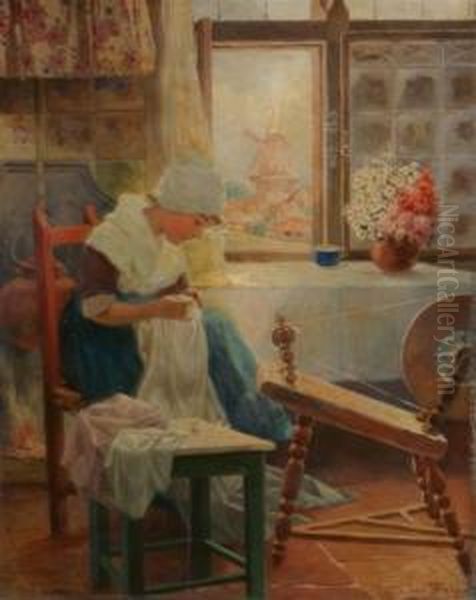 Woman Sewing Oil Painting by Jean Didier Debut