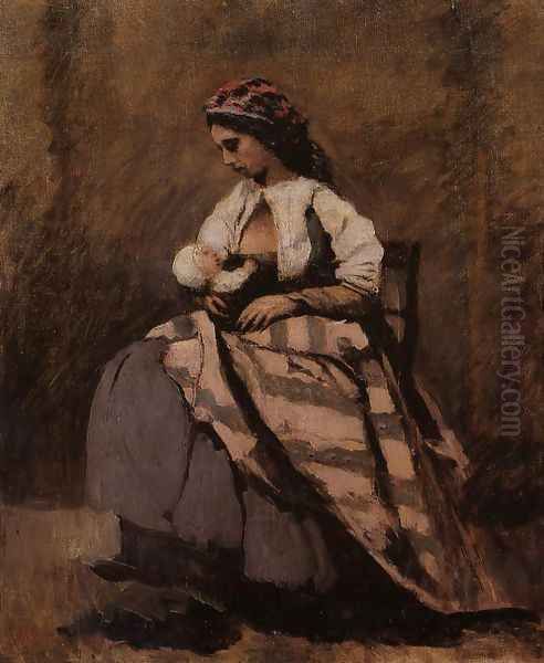 Mother Breast Feeding Her Child Oil Painting by Jean-Baptiste-Camille Corot