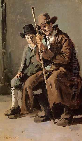 Two Italians, an Old Man and a Young Boy Oil Painting by Jean-Baptiste-Camille Corot