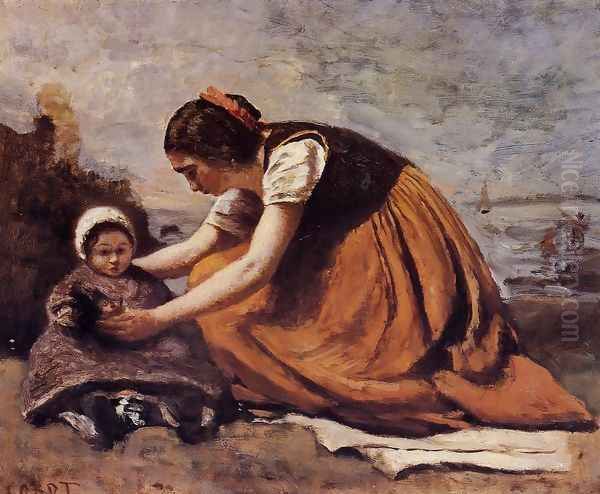 Mother and Child on the Beach Oil Painting by Jean-Baptiste-Camille Corot