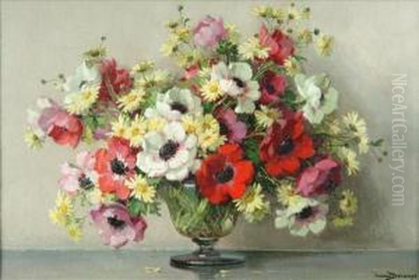 Poppies Anddaisies In A Glass Vase by Maurice Decamps