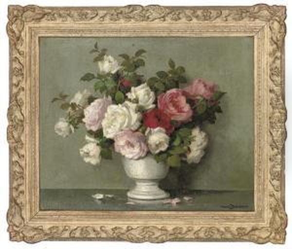 Pink And White Roses In A Vase by Maurice Decamps