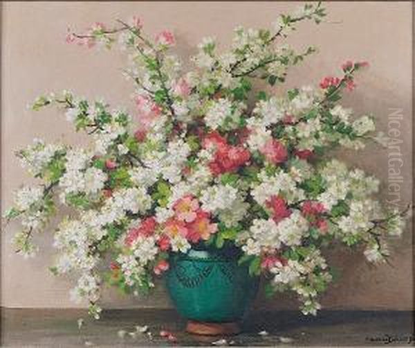 Still Life Of Apple And Cherry Blossom In Agreen Vase, Signed Oil Painting by Maurice Decamps