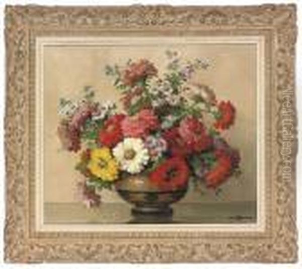 Poppies, Daisies And Asters In A Vase Oil Painting by Maurice Decamps