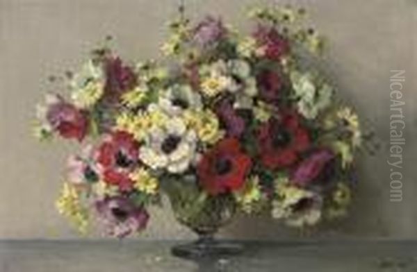 Poppies And Daisies In A Glass Vase Oil Painting by Maurice Decamps